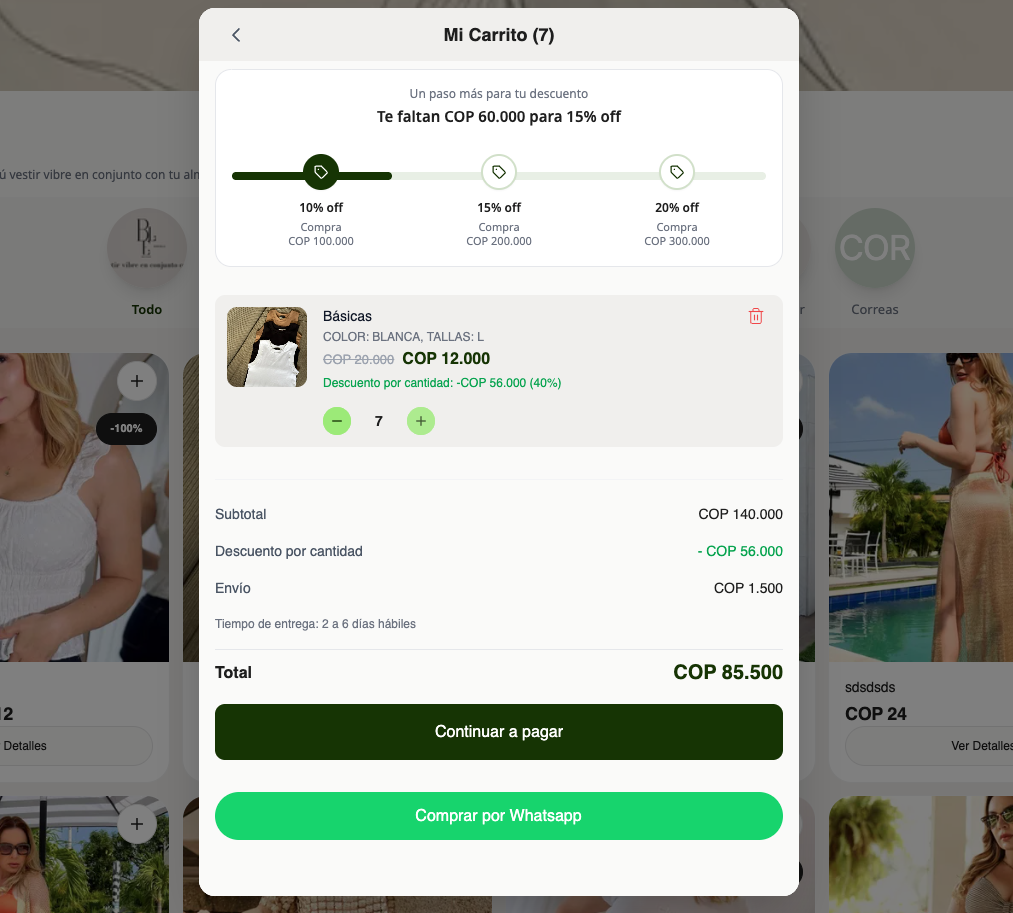 Te faltan COP 60.000 para 15% off — el carrito lo dice solo. La clienta agrega más.