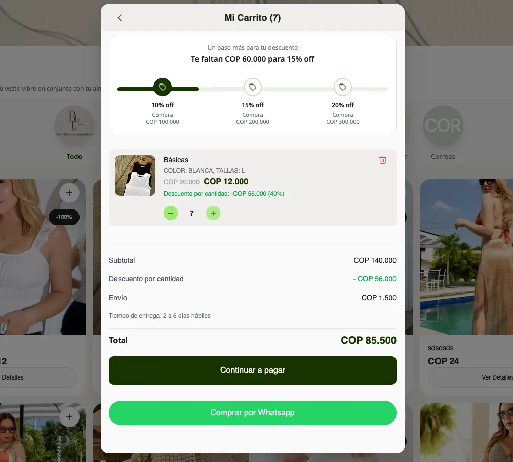 Te faltan COP 60.000 para 15% off — el carrito lo dice solo. La clienta agrega más.