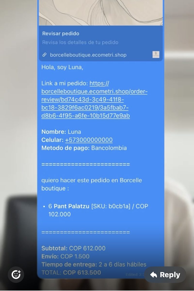 Así llega el pedido a tu WhatsApp: nombre, productos, cantidades, SKU, total y link al detalle.