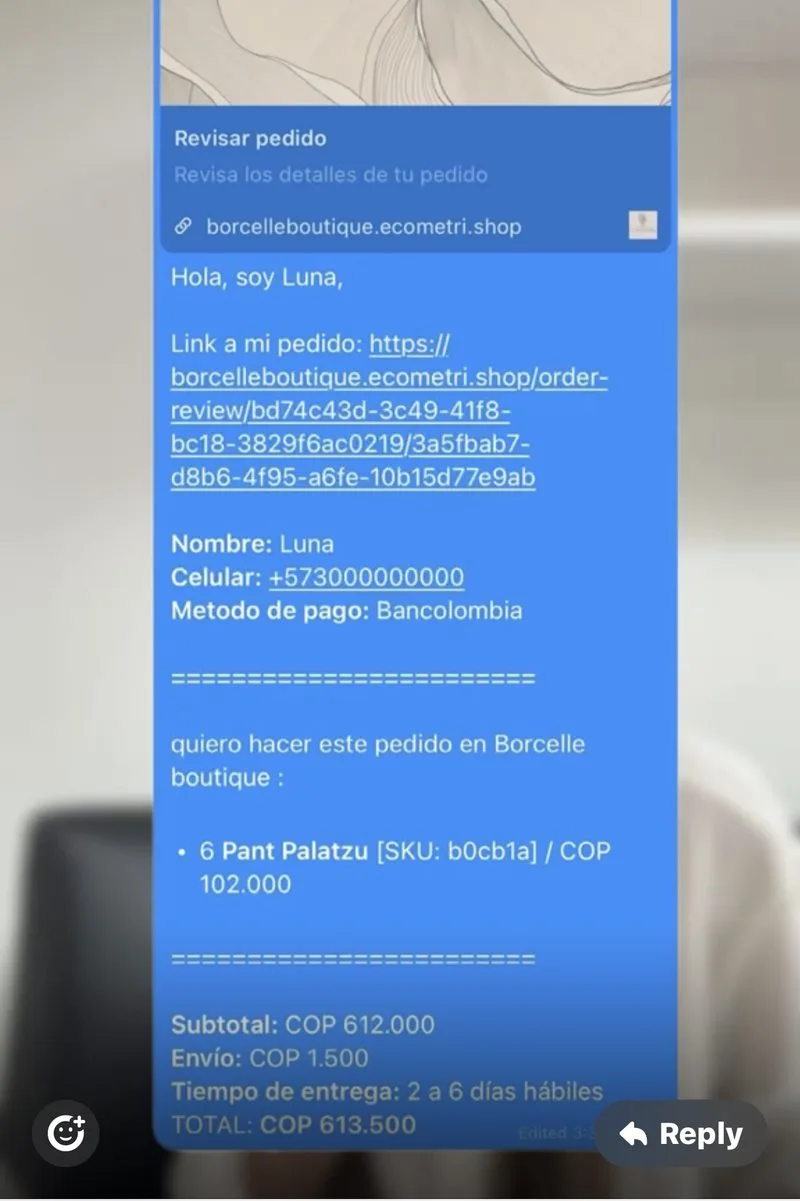 Así llega el pedido a tu WhatsApp: nombre, productos, cantidades, SKU, total y link al detalle.