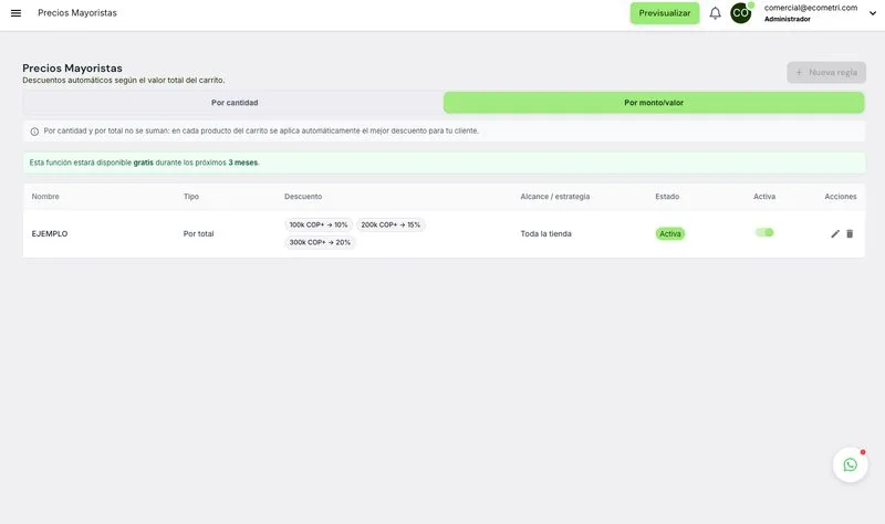 Configuración de descuento por monto: defines los niveles y el sistema hace el resto